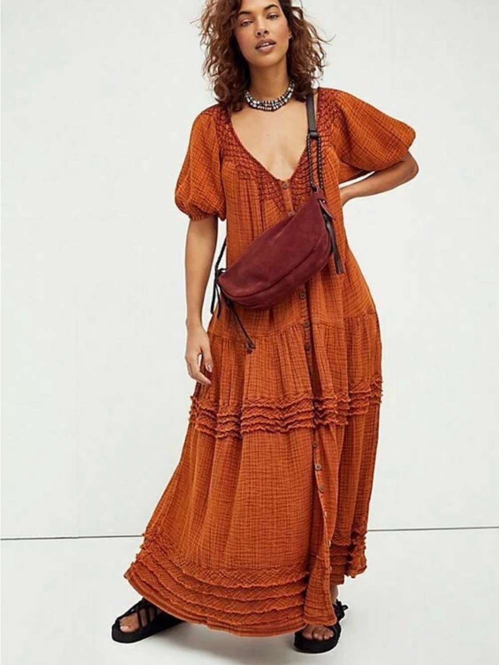 Free People Women's Sunday Stroll Bohemian Maxi Dress Puff-Sleeved Burnt Clay S